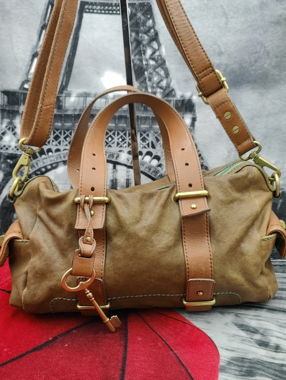 Fossil Mason Satchel Olive Green & Brown Y2k